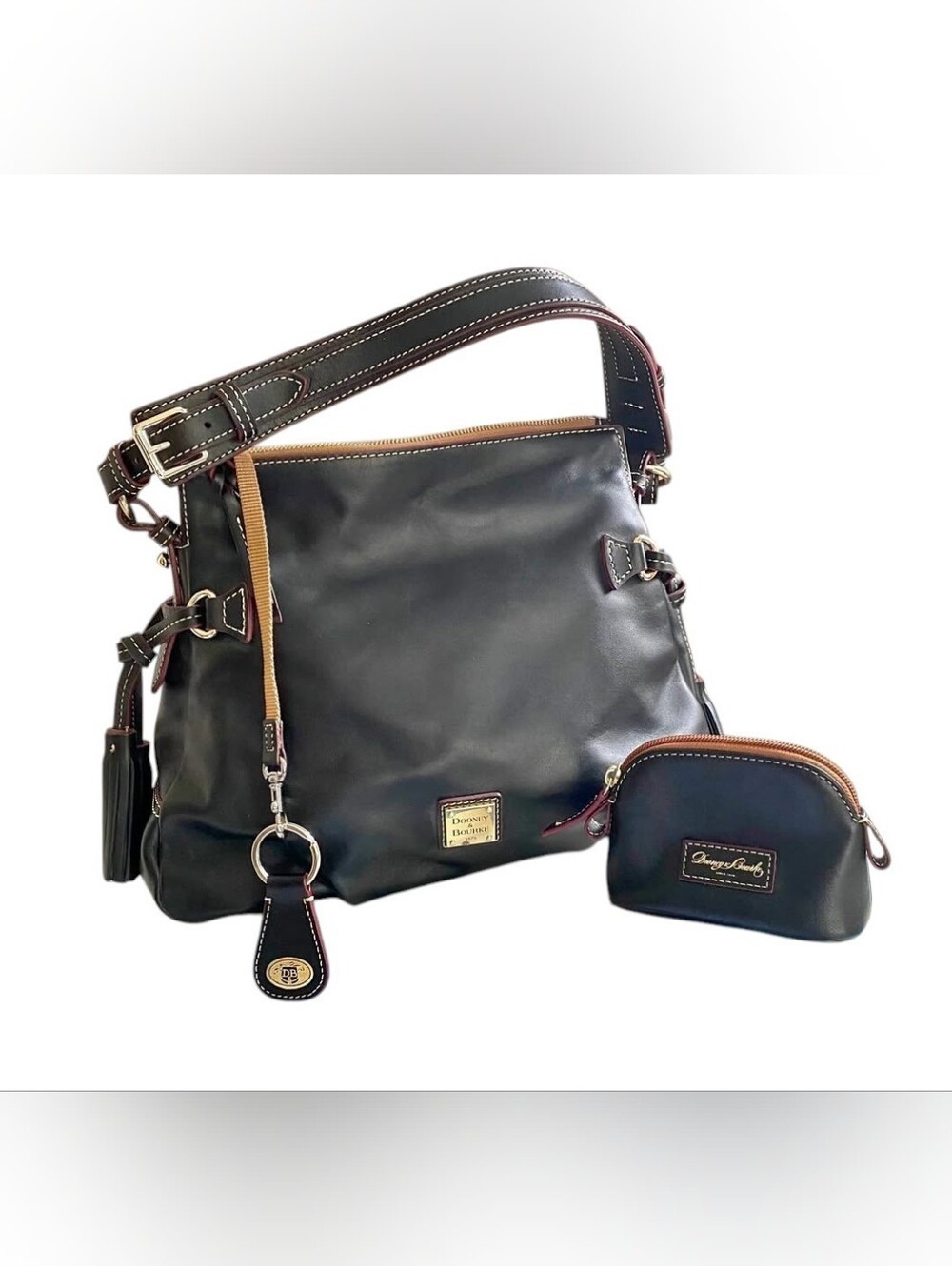 Dooney & Bourke Black Leather Shoulder Bag with Tan Trim and Coin Pouch
